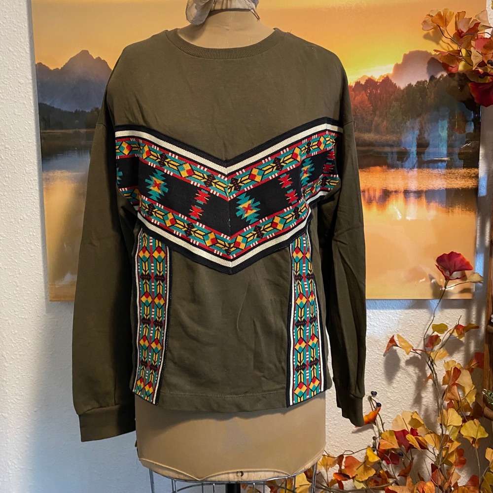 Zara Sweatshirt Boho Southwestern Women S Green Embroidered Long Sleeve Pullover